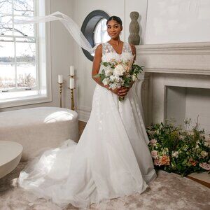A-Line Wedding Dress with Pleated Tulle, 3D Beaded Appliqué & Shoulder Bows
